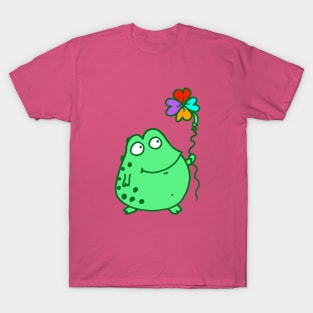 Frog holding rainbow clover balloon! HOT PINK! T-Shirt